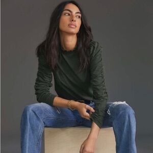 Anthropologie dark green ruched long sleeve top size small New with Tag